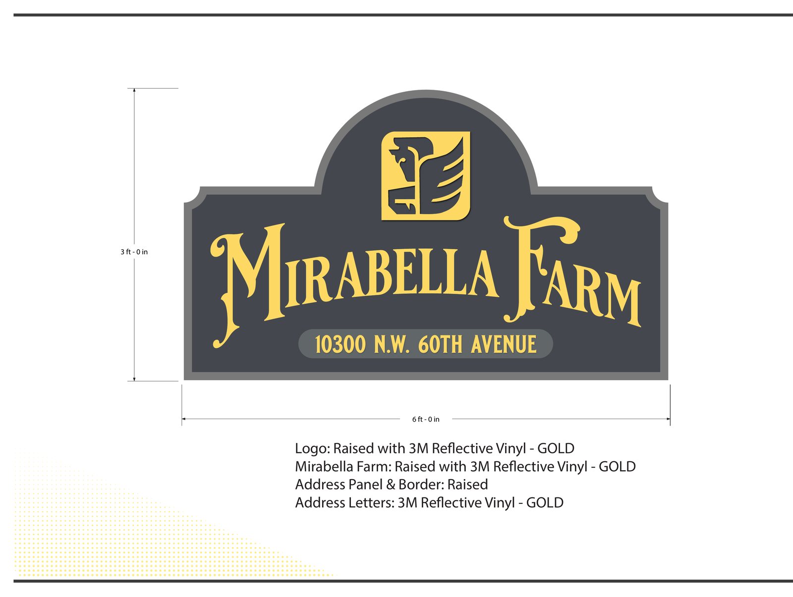 CG Signs design proof for Mirabella Farm — shield-shaped panel with raised gold 3M reflective vinyl wordmark, heraldic logo, and 10300 N.W. 60th Avenue address panel