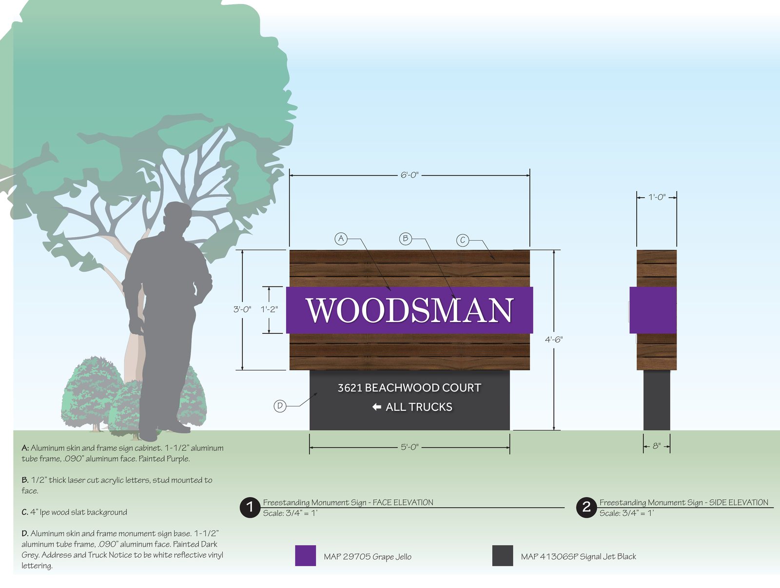 CG Signs design proof for Woodsman monument sign — face elevation, side elevation, and materials callouts showing aluminum cabinet, acrylic letters, and Ipe wood slat background