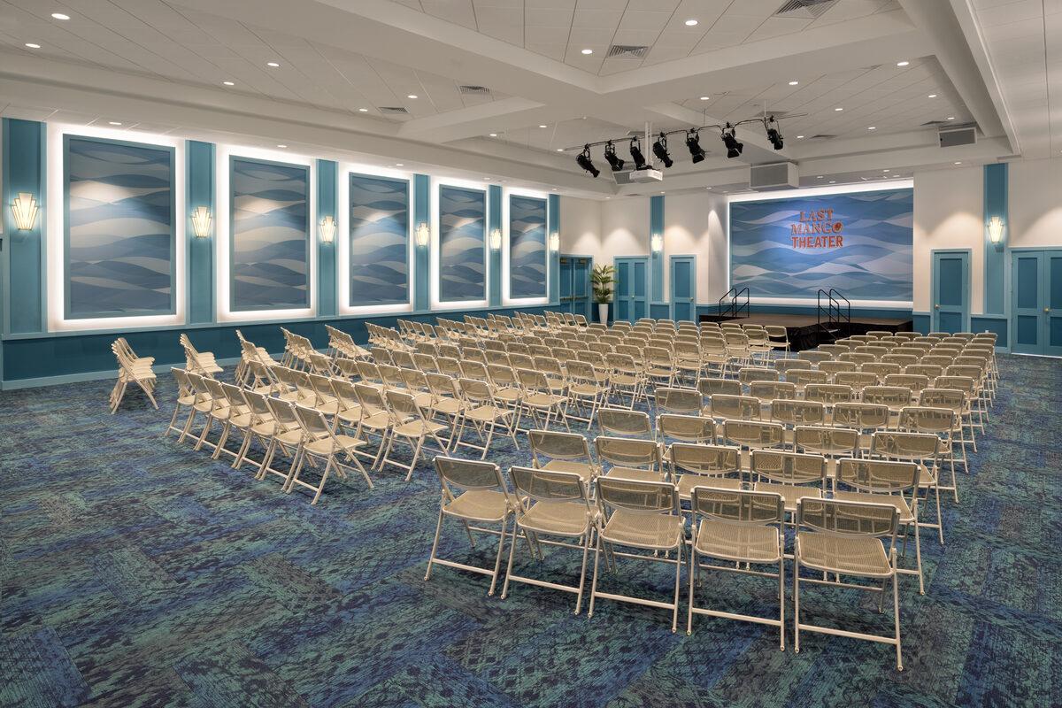 Fabricated acoustic panels with printed fabric faces and LED halo lighting for The Theater, Latitude Margaritaville — by CG Signs