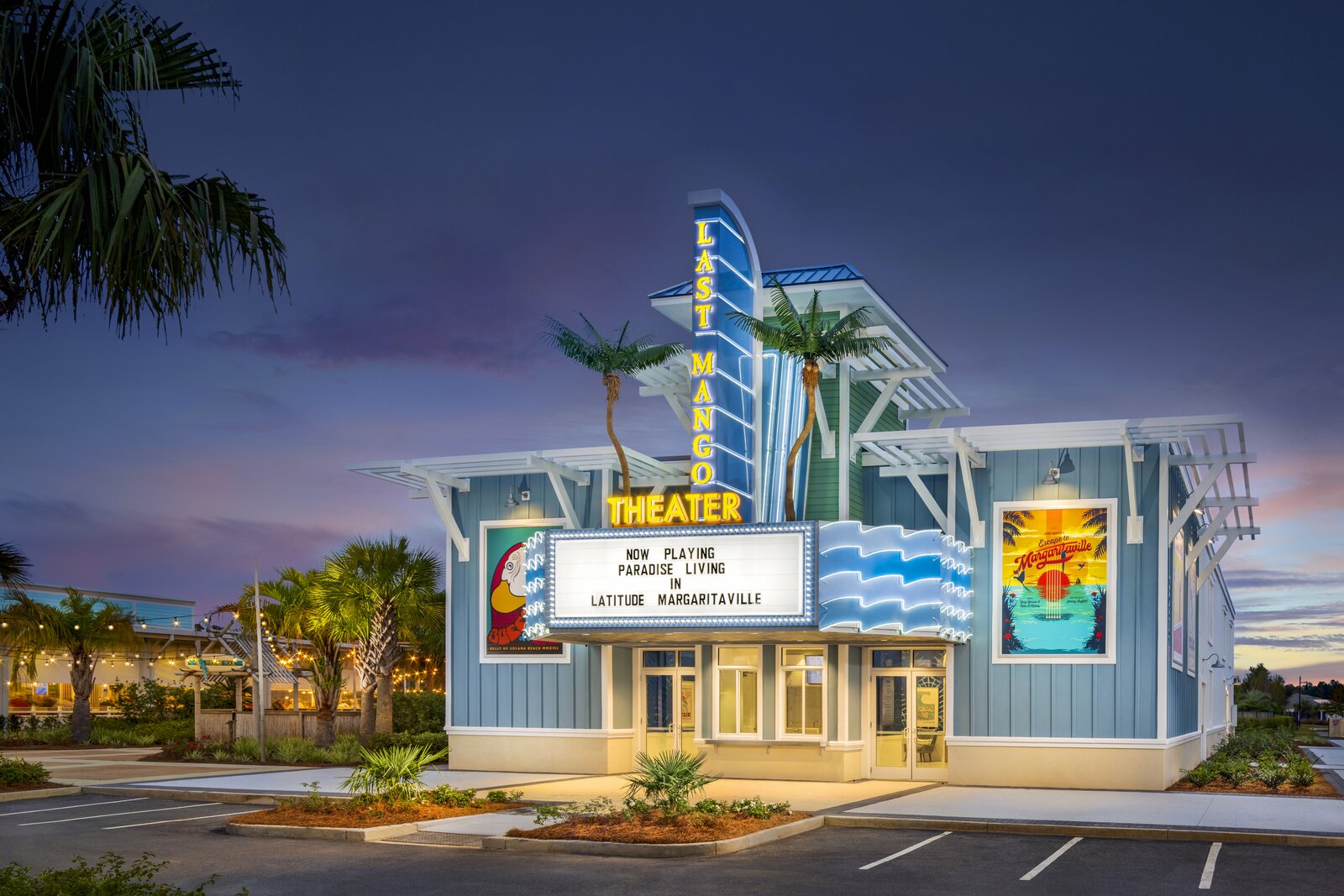 Latitude Margaritaville Hilton Head at twilight — full property exterior signage program by CG Signs