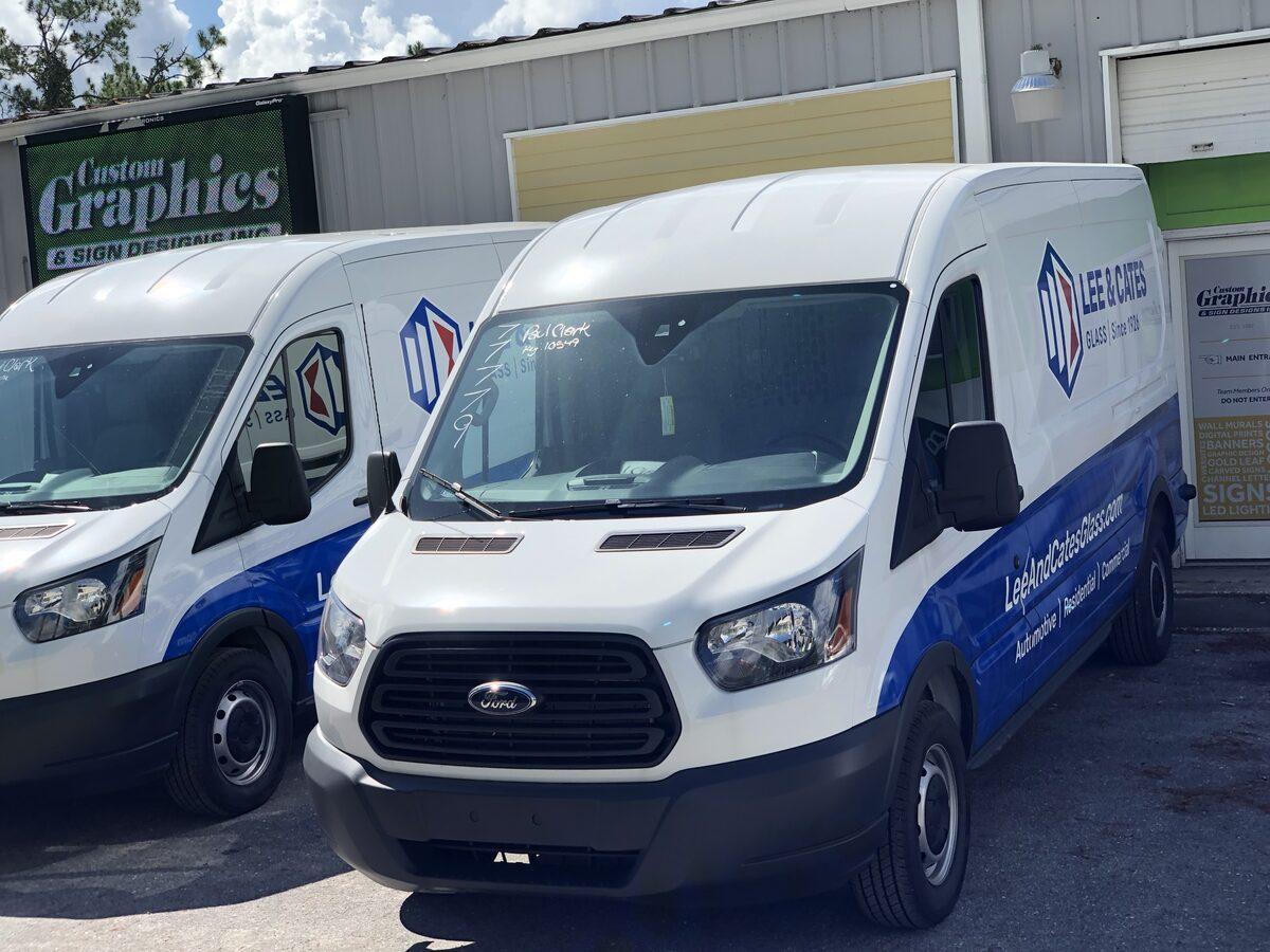 Fleet graphics for Lee and Cates Glass — multiple van wraps by CG Signs Jacksonville FL