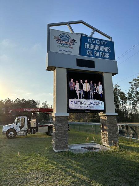 Pylon sign for Clay County Fairgrounds with Daktronics Digital Display — Custom Graphics & Sign Designs