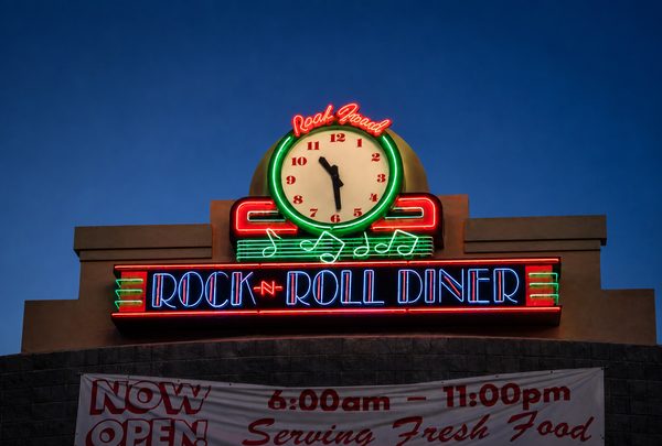 T-Bird's Rock and Roll Diner neon marquee at dusk — Custom Graphics & Sign Designs, Jacksonville FL