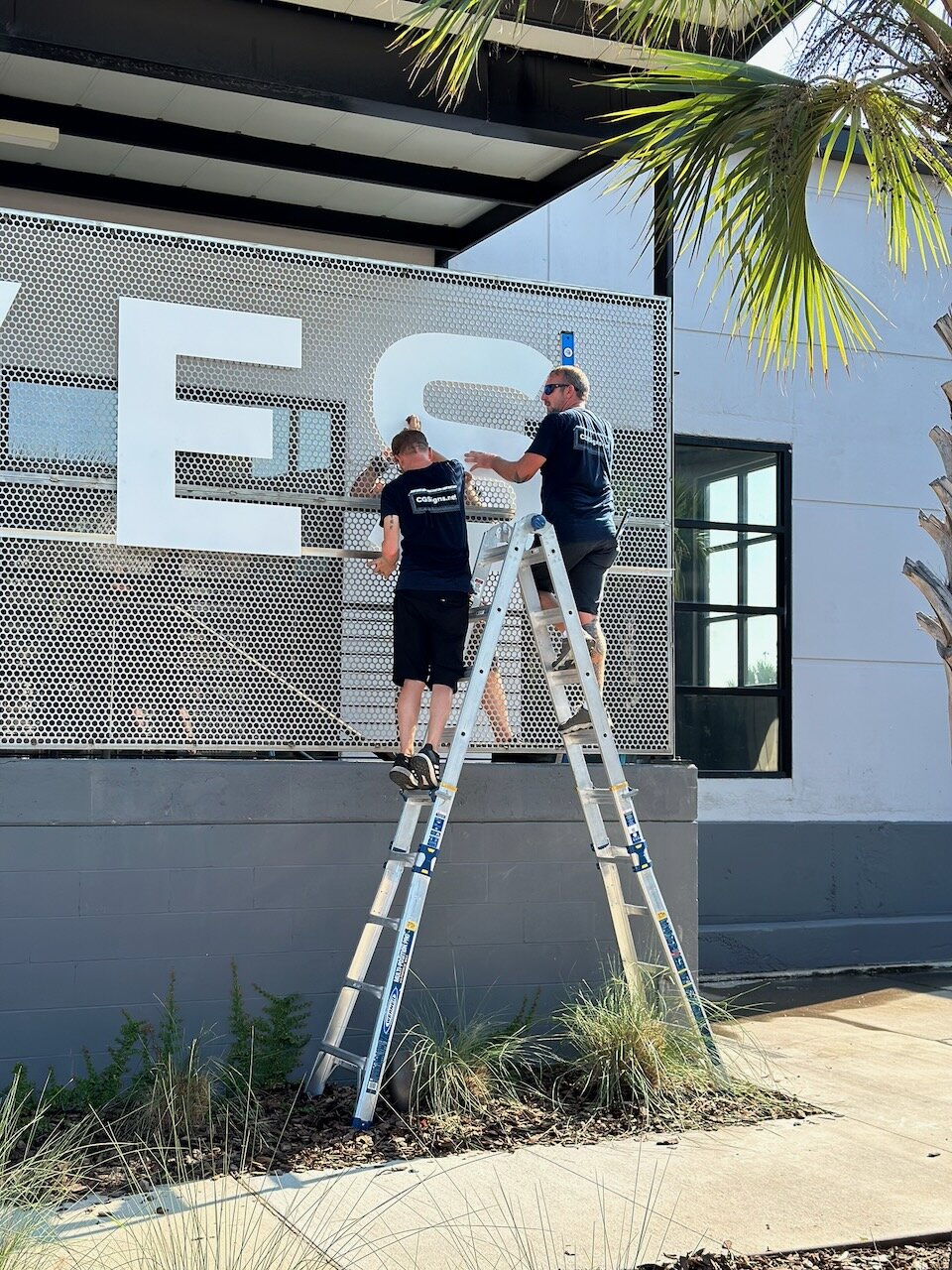 Two CG Signs installers on ladders installing dimensional letters on a perforated metal mesh façade